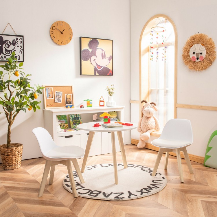Modern kids activity play table with two white chairs and beech legs, perfect for playrooms and nurseries.