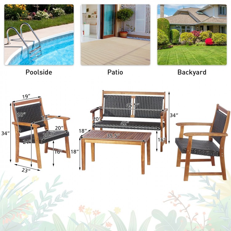 4-piece outdoor patio rattan furniture sofa set with acacia wood frame, ideal for poolside or backyard relaxation.