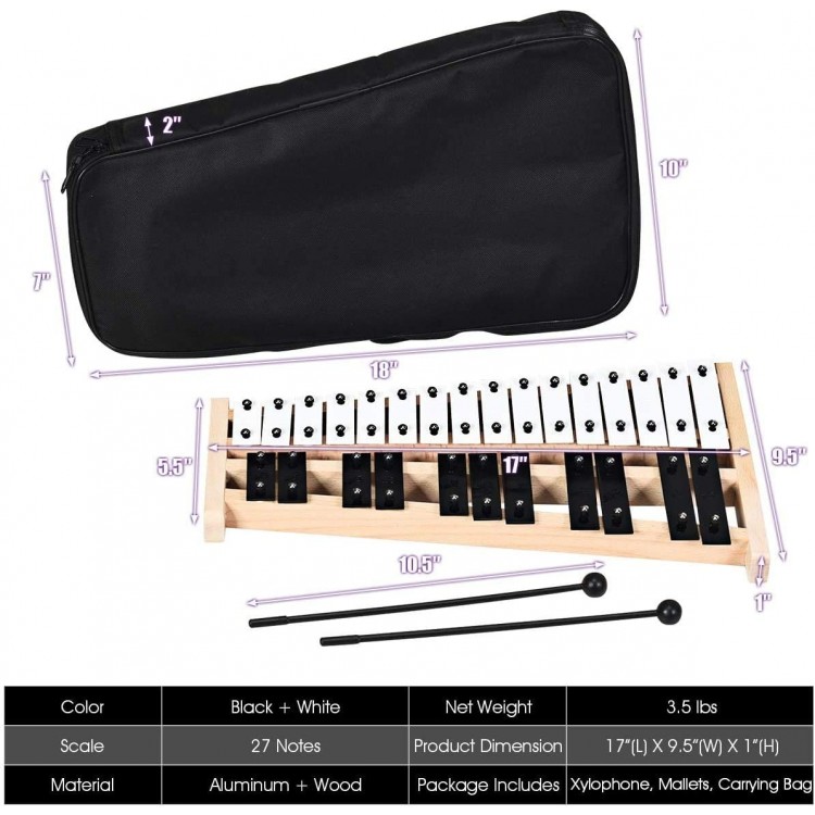 27-note glockenspiel xylophone with rubber mallets, made of aluminum and wood, ideal for music teaching and.