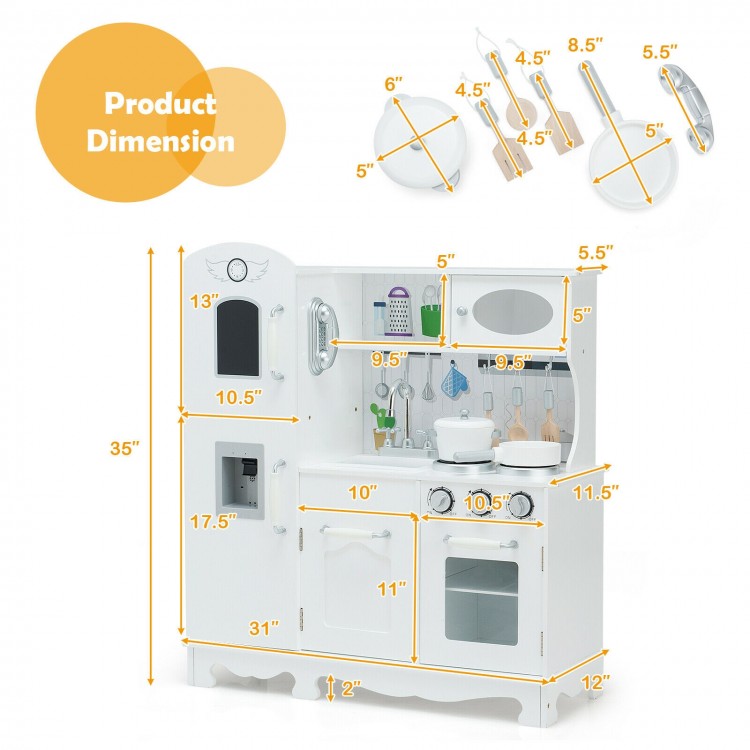 White kitchen pretend play cookware set for kids, featuring a water dispenser and removable sink, promotes interactive.