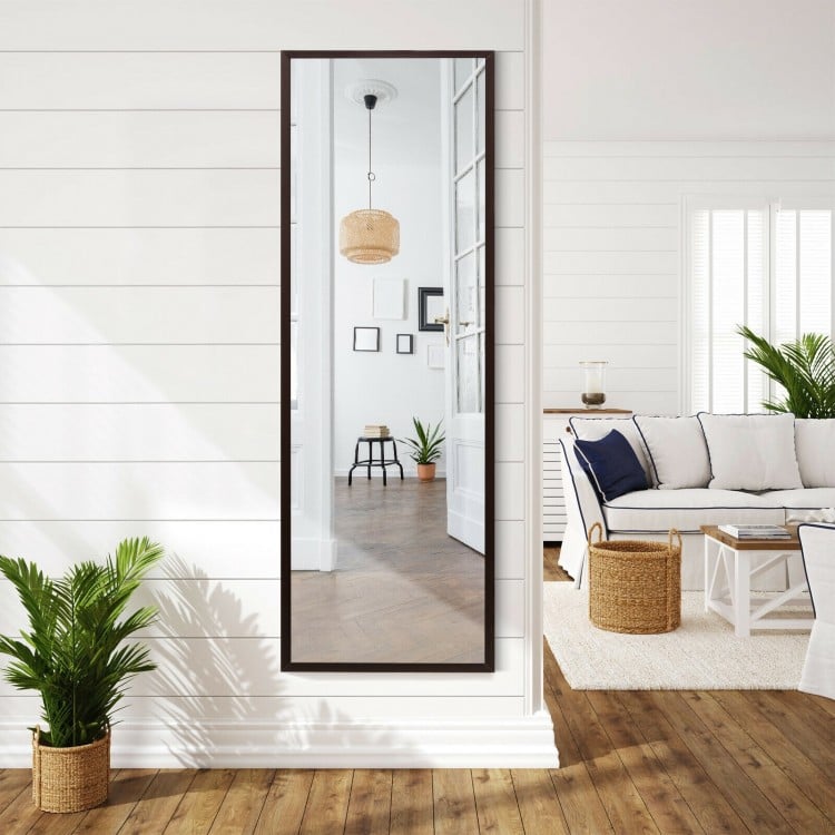 Full length brown metal door mirror with adjustable hooks, ideal for wall mounting or door hanging in any room.