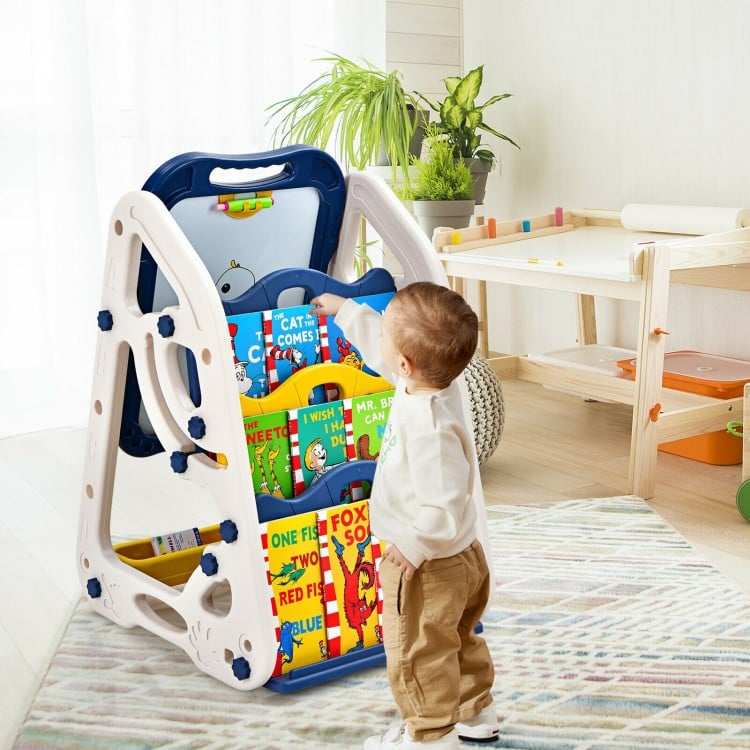 Kids 3-in-1 art easel with double-sided whiteboard and chalkboard, featuring colorful storage for art supplies.