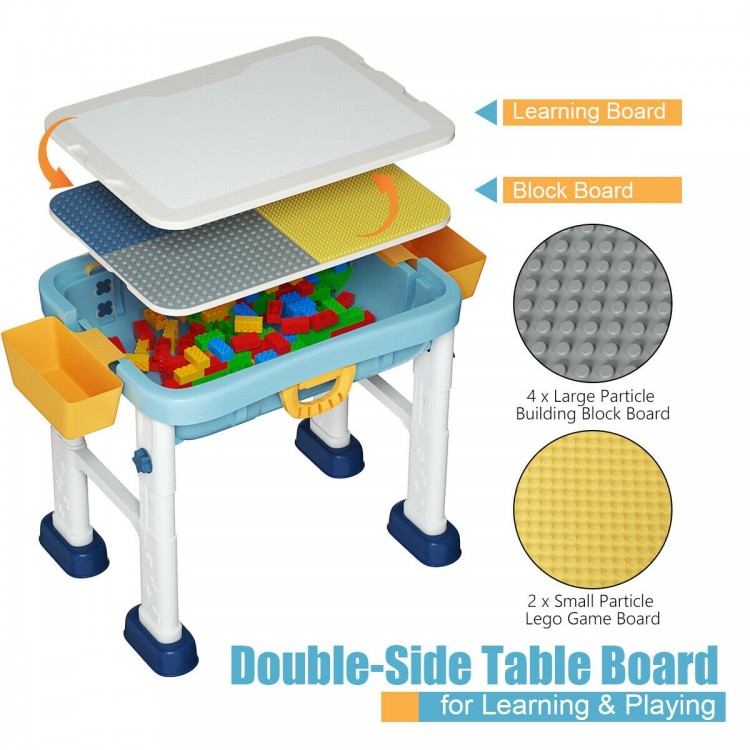 Kids activity table set with chair, featuring double-sided boards for learning and playing, made from safe ABS and PE.
