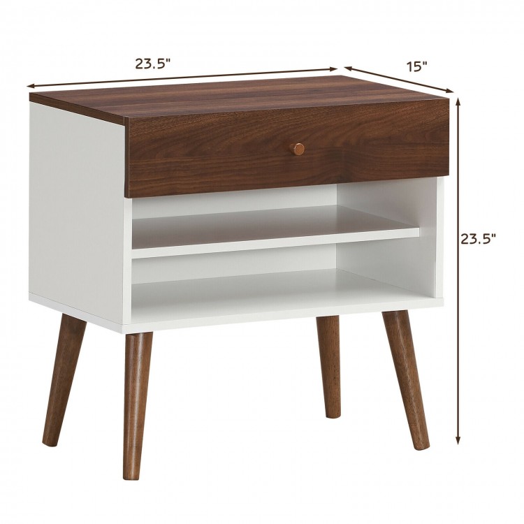 Mid-Century Nightstand with Drawer and Rubber Wood LegsCostway Gallery View 4 of 11