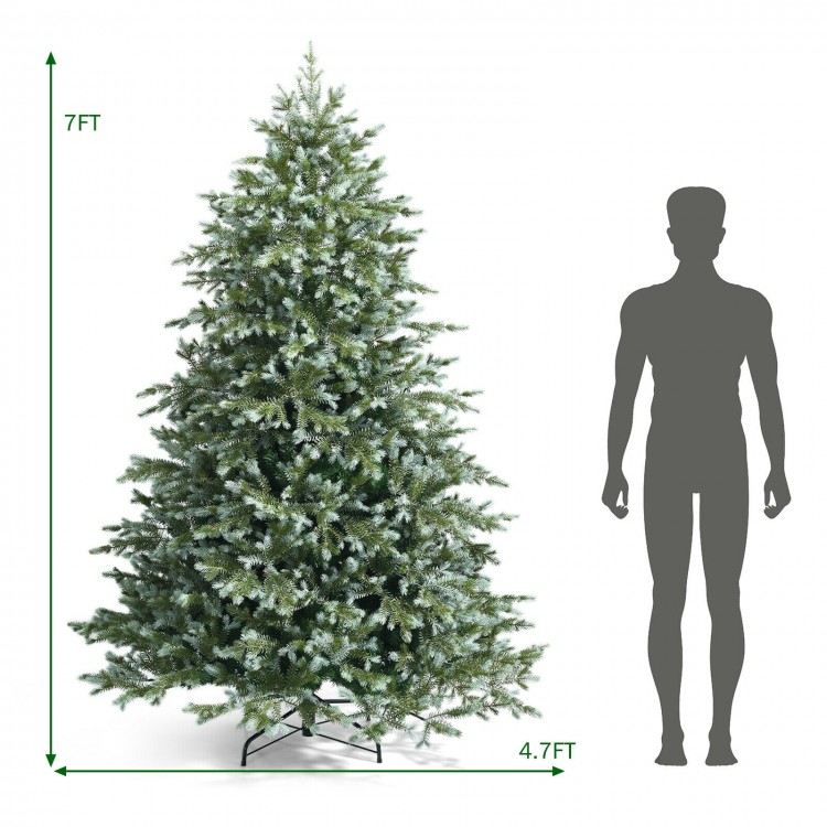 7-foot artificial Christmas tree with 1260 mixed PE and PVC tips, featuring a hinged design for easy setup.