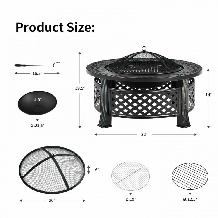 Outdoor fire pit with BBQ grill, high-temp resistance finish, 32-inch diameter, ideal for backyard and patio use.