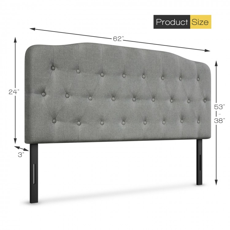 Light gray queen upholstered headboard with button design, adjustable heights of 38" or 53", suitable for various bed.