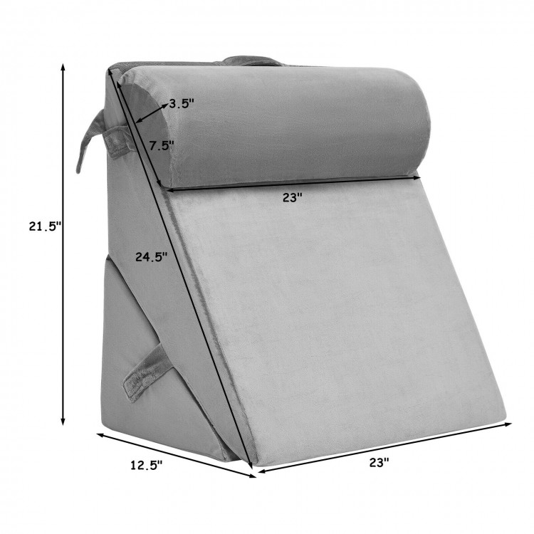 Adjustable gray wedge pillow with removable cover, designed for neck and back support during reading or lounging.
