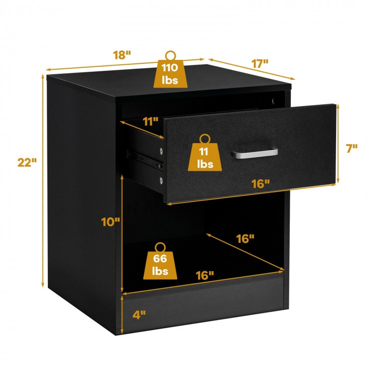 Black nightstand with a storage drawer and open compartment, featuring sturdy wooden construction and anti-slip pads.