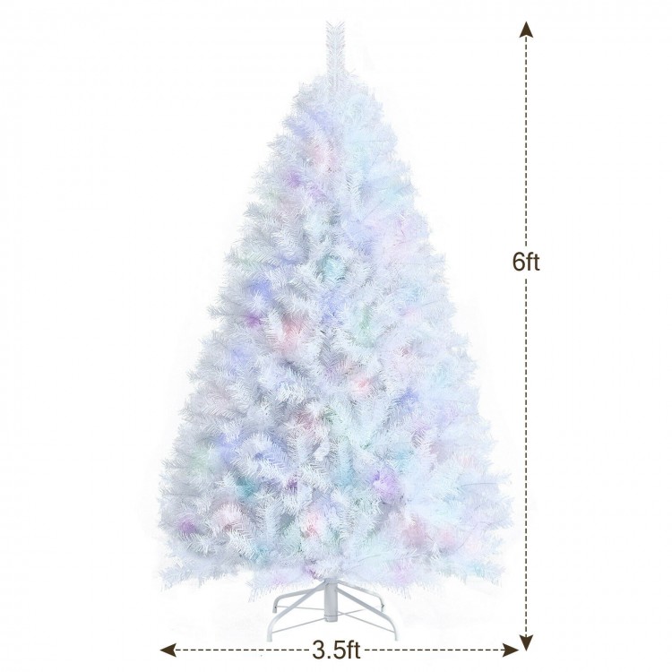 6ft white artificial Christmas tree with iridescent branch tips, featuring a sturdy iron base for stability and easy.