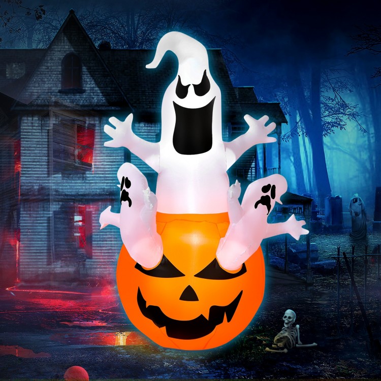 Halloween inflatable decoration featuring a pumpkin with three ghosts, built-in LED light for festive outdoor ambiance.