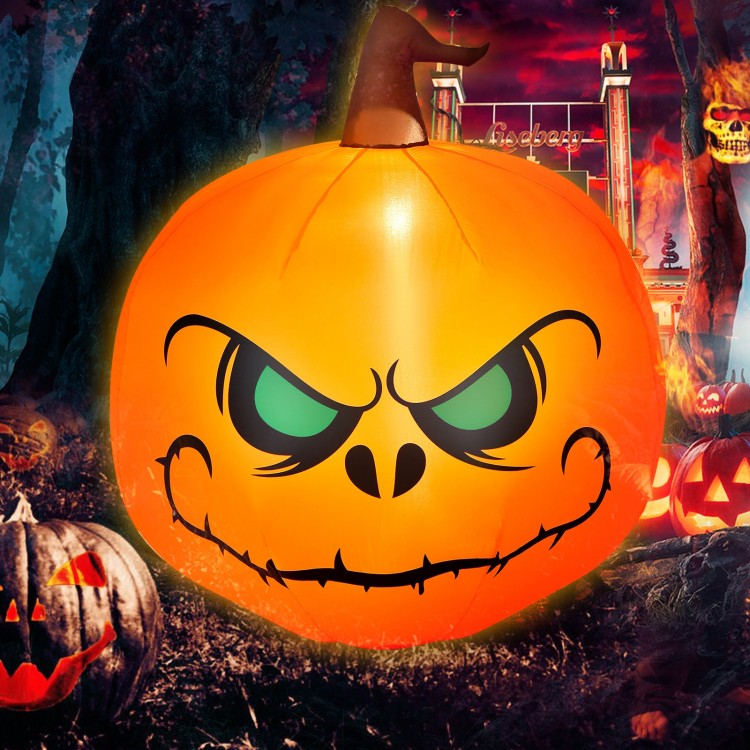 4-foot Halloween inflatable pumpkin with scary face and internal LED light, perfect for outdoor decoration.