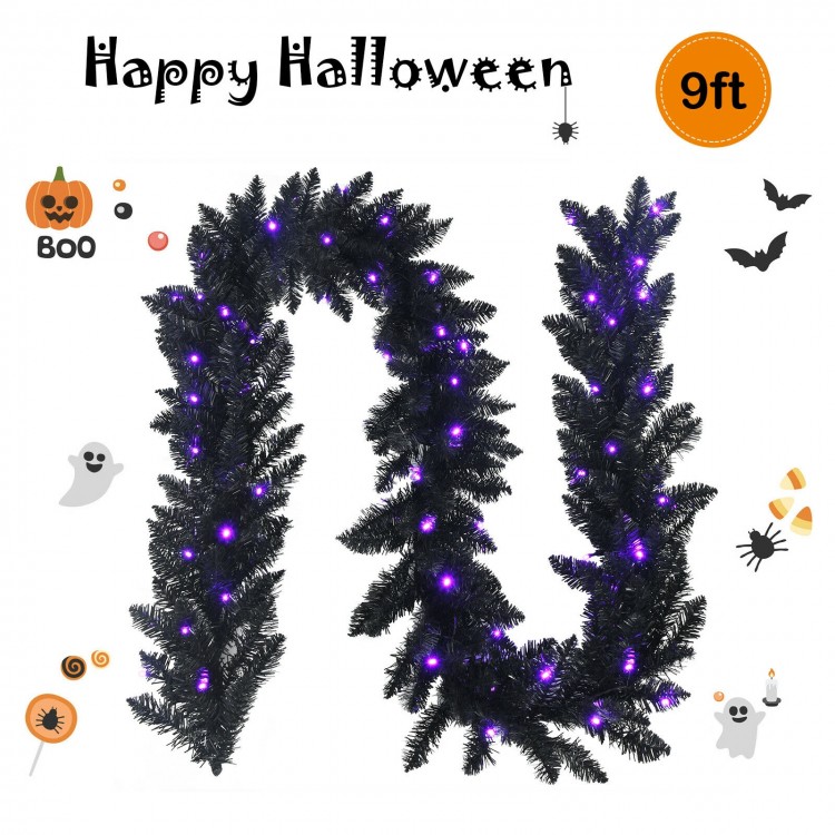 Flexible 9-foot Halloween garland with 50 purple LED lights, designed to create a mysterious festive atmosphere.