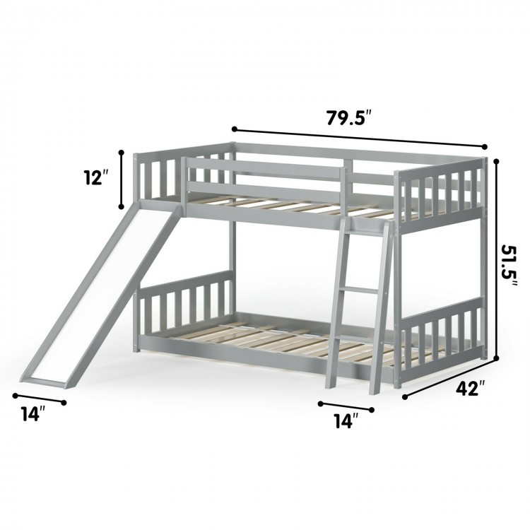 Twin over twin gray bunk bed with slide and ladder, featuring a sturdy frame and safety guardrails for kids.