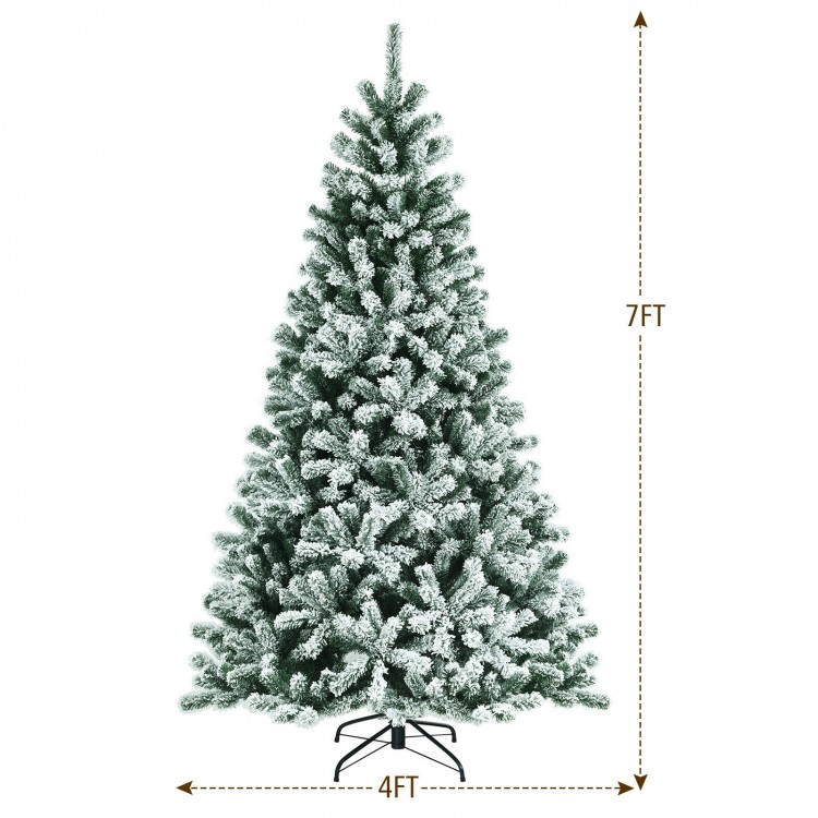 7-foot pre-lit snow flocked Christmas tree with 1116 tips and a sturdy metal stand for festive holiday decor.