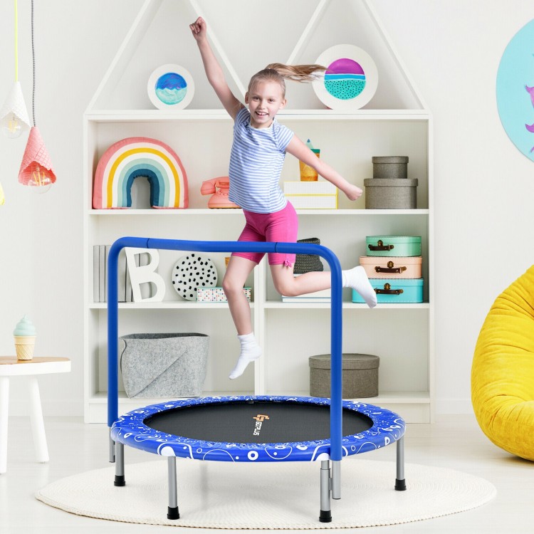 Kids jumping on a 36" blue trampoline with a full covered handrail, promoting fun and safe indoor exercise.