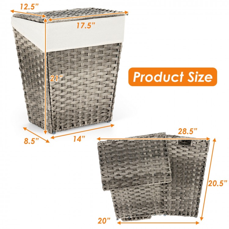 Handwoven gray laundry hamper with removable liner, foldable design, and flip lid for dust protection and easy storage.