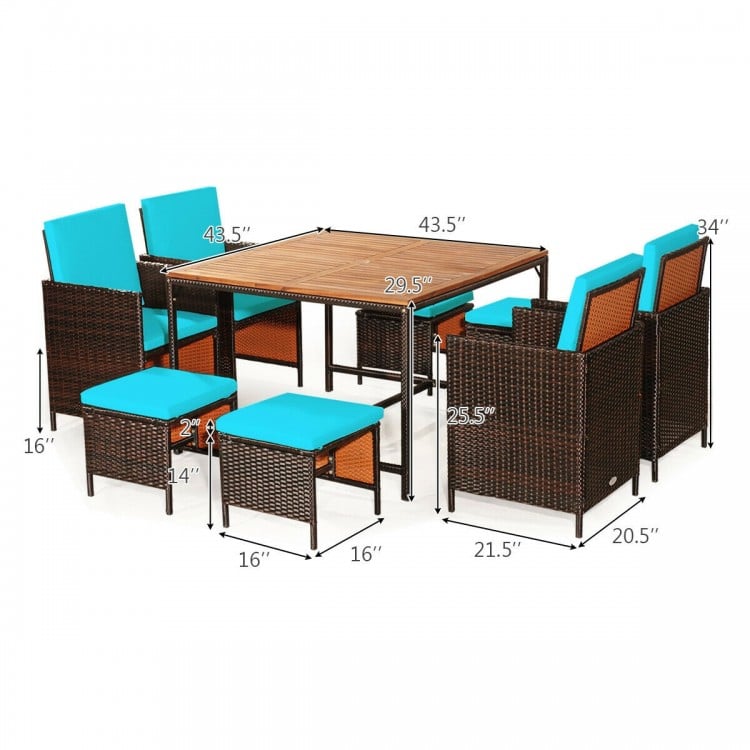 9-piece patio dining set with turquoise cushioned chairs and acacia wood tabletop, perfect for outdoor use and compact.