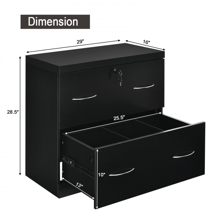 2-drawer black file cabinet with lock, dimensions 29"x16"x28.5", ideal for letter and legal size documents.