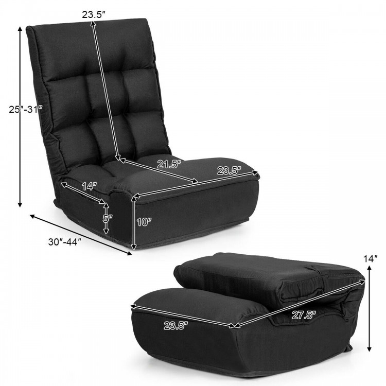 Adjustable black floor chair with four positions, featuring a sturdy steel frame for gaming, TV, or reading.