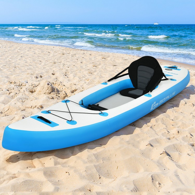 Inflatable 10.8 feet kayak in blue with adjustable seat and oars, perfect for water activities and easy transport.