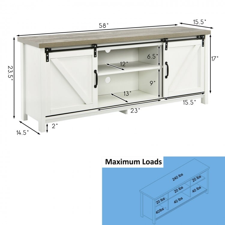 TV stand media center console cabinet in white with sliding barn doors, ample storage, and adjustable shelf for living.