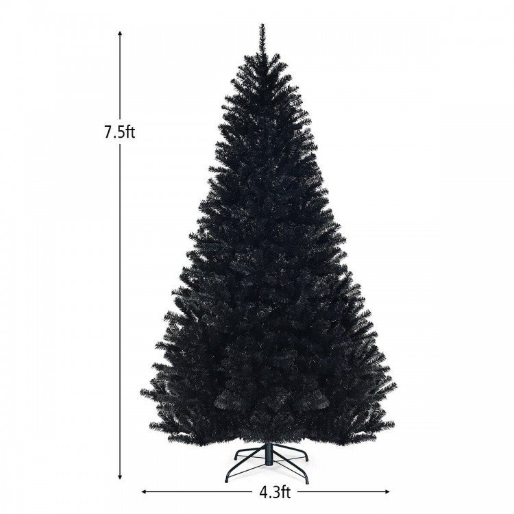 7.5-foot black hinged artificial Christmas tree with 1258 branch tips, perfect for customizable holiday decor.
