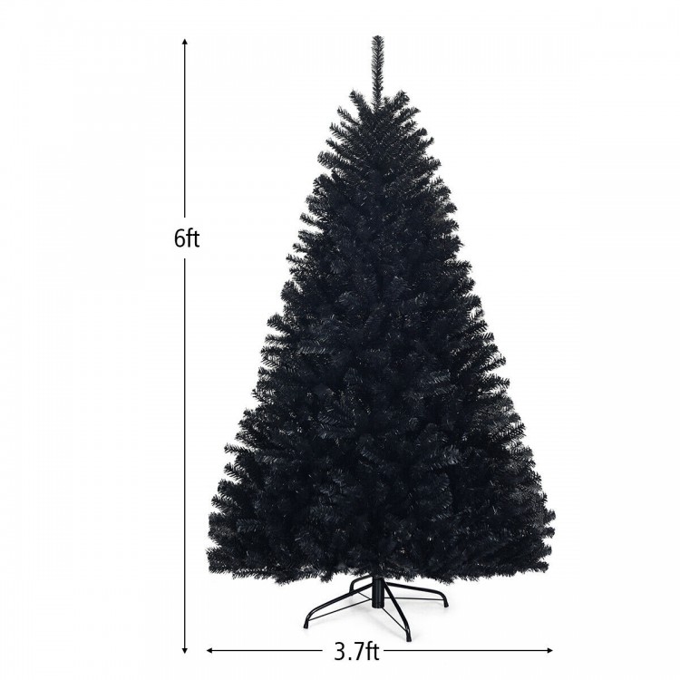 Black 6ft hinged artificial Christmas tree with 1036 branch tips, perfect for customizable holiday decor.
