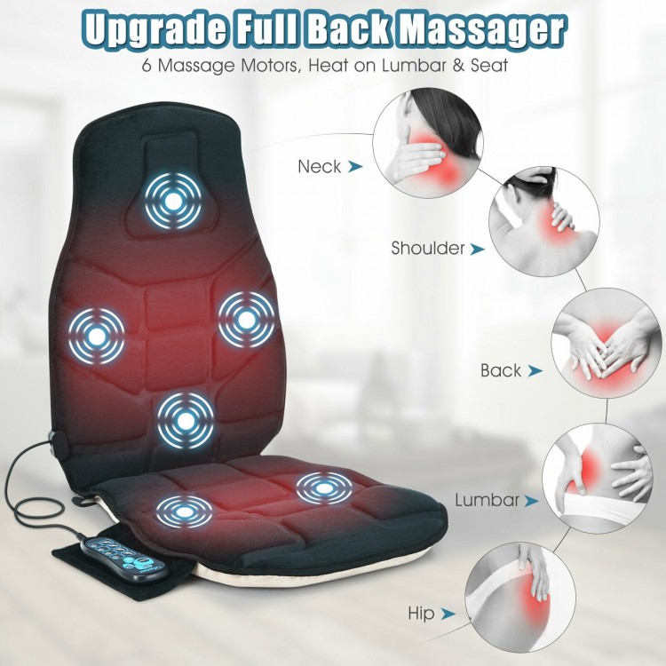 Memory foam seat cushion massager with heat, 6 vibration motors, and 5 massage modes for ultimate comfort at home.