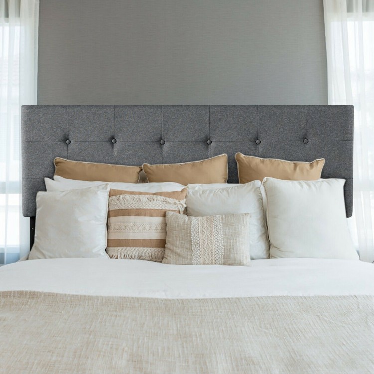 Tufted gray linen fabric headboard for queen and full size beds, featuring adjustable height and elegant design.