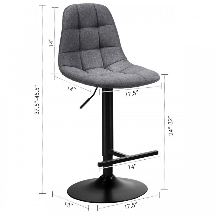 Adjustable gray linen bar stool with T-shaped footrest and 360-degree swivel, ideal for kitchens and cafes.