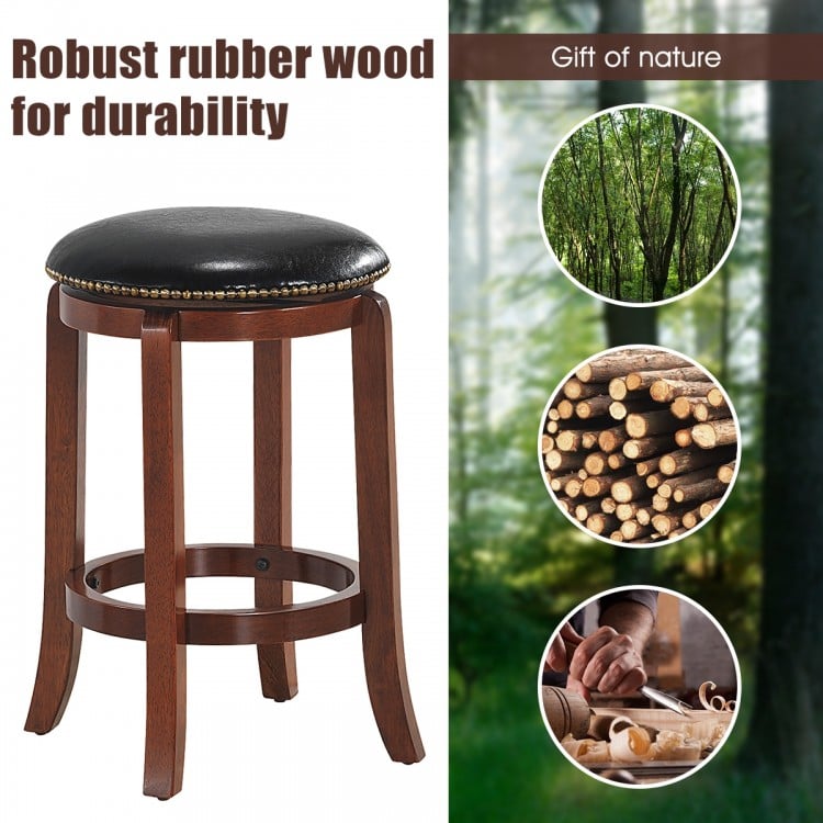 24-inch backless swivel bar stool with rubber wood legs and PU leather padded seat, ideal for kitchen or bar use.