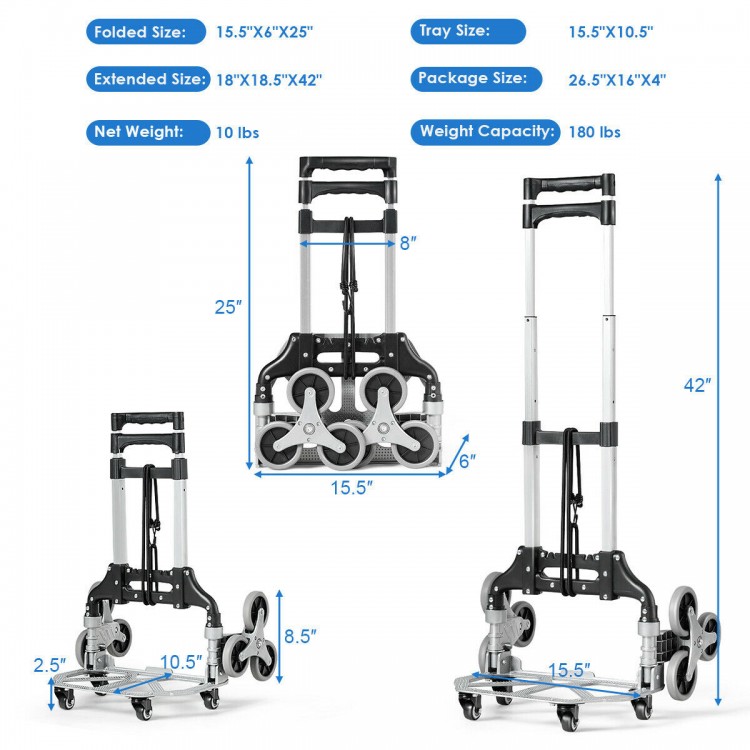 Portable folding stair climbing hand truck dimensions showing folded size of 15.5"x10.5" for compact storage and.