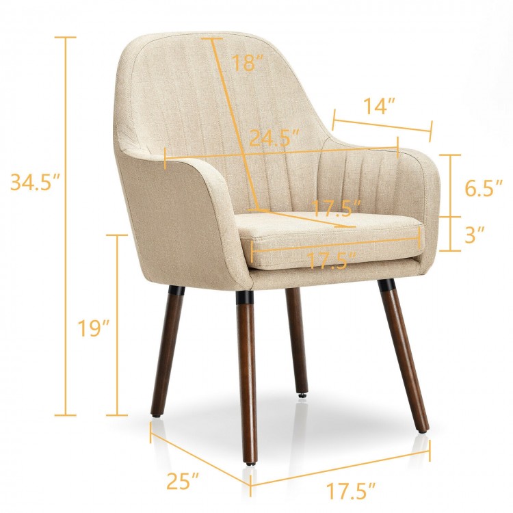 Beige fabric upholstered accent chair with wooden legs, ergonomic armrests, and dimensions for versatile home decor.