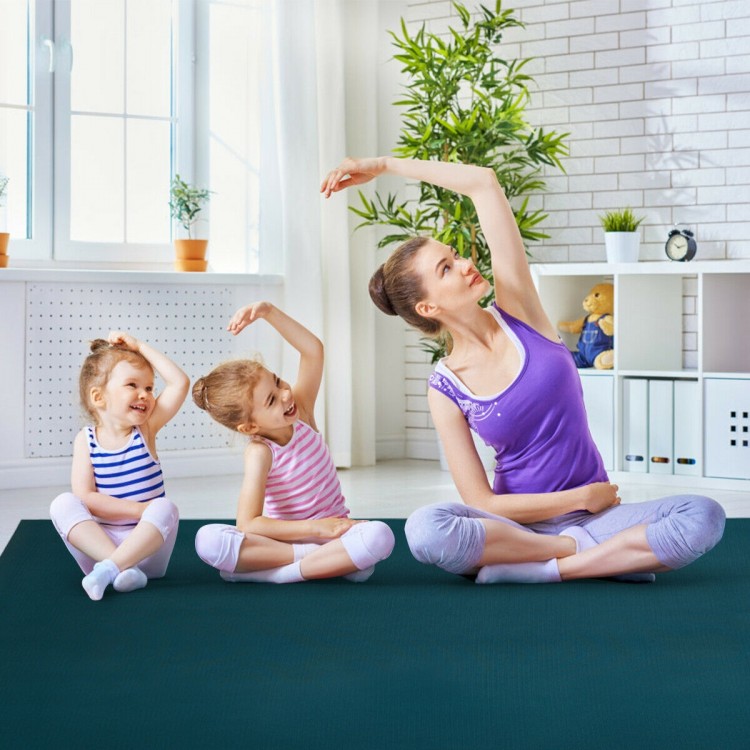 Yoga mat in navy with children and adult practicing stretches, featuring double-sided anti-skid design for safety.