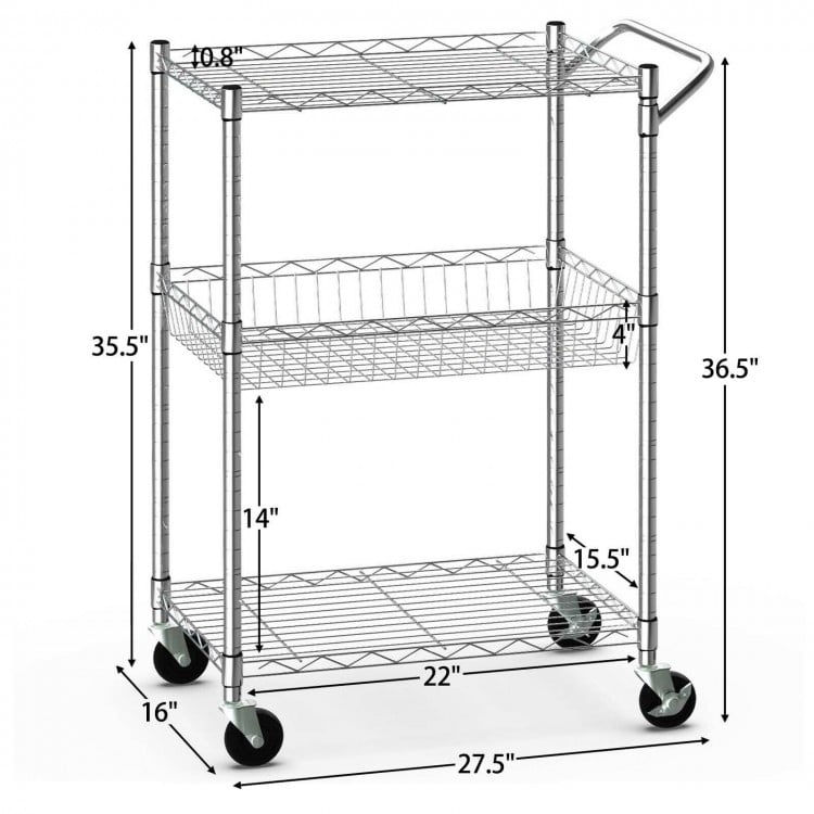 3-tier rolling utility cart with adjustable shelves, sturdy metal frame, and lockable wheels for versatile home use.