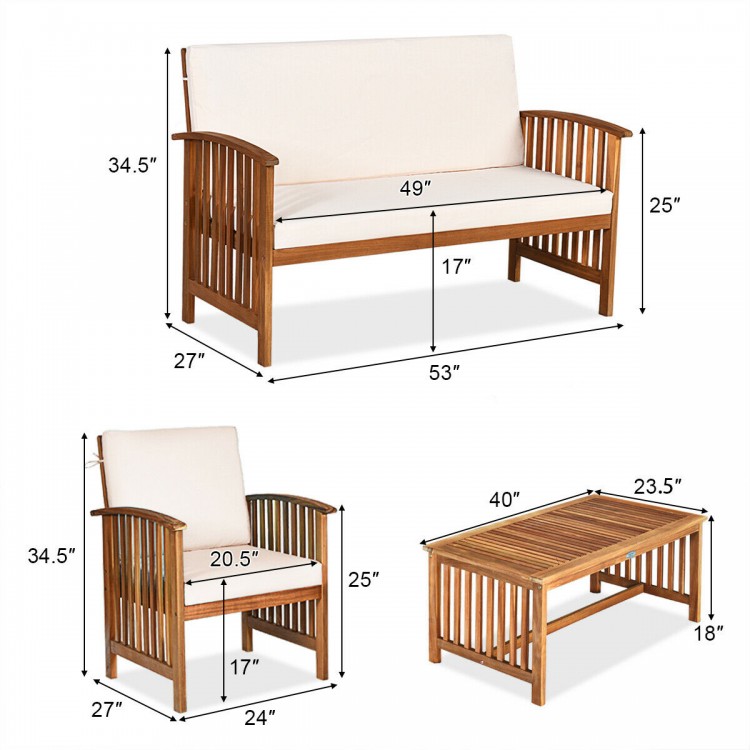 Patio solid wood furniture set featuring a loveseat and single chairs with beige cushions, perfect for outdoor.