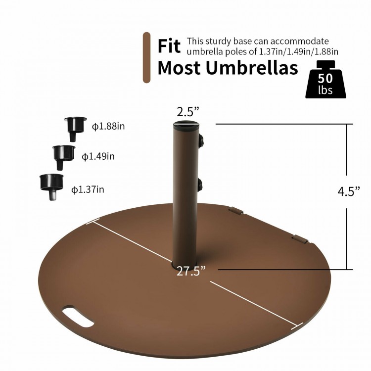 Sturdy 50 lbs umbrella base stand with wheels, designed for 1.37"/1.49"/1.88" poles, ideal for patio and garden use.