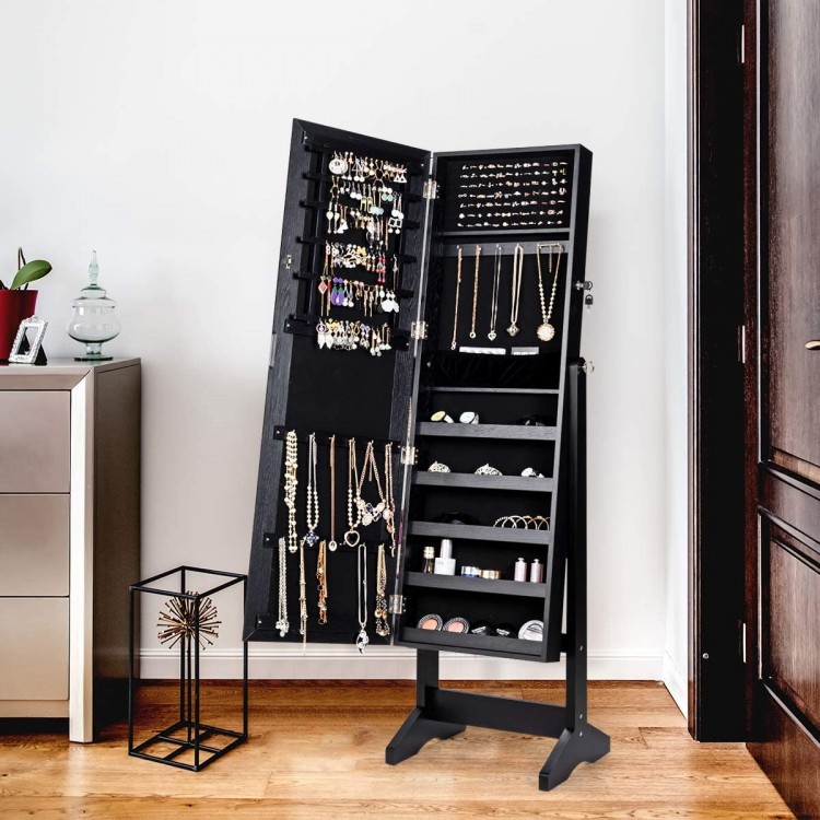 Jewelry cabinet stand mirror armoire in black with large storage, featuring 108 earring slots and a full-length mirror.