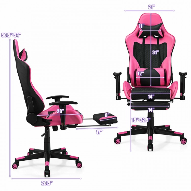 Pink PU leather gaming chair with adjustable backrest, footrest, and USB massage lumbar pillow for ultimate comfort.