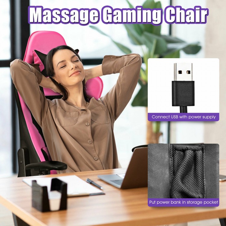 PU leather gaming chair in pink with USB massage lumbar pillow and adjustable footrest for ultimate comfort.