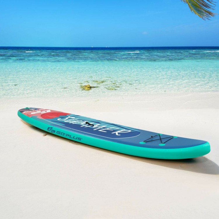 10-foot inflatable stand-up paddleboard on the beach, featuring a non-slip deck and bungee cords for secure storage.