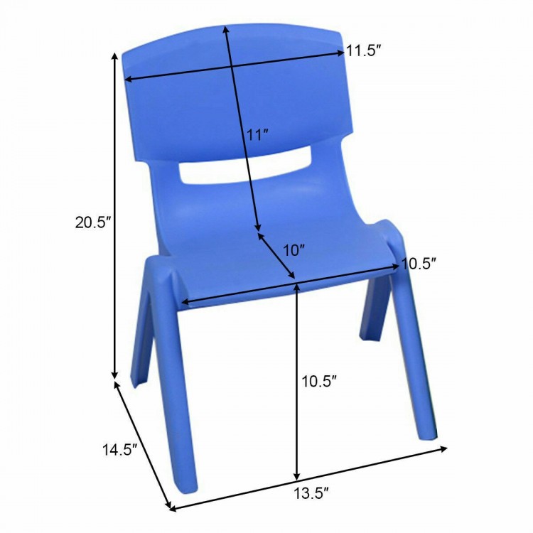 Blue stackable plastic children's chair with ergonomic design, perfect for playrooms and daycares, dimensions shown.