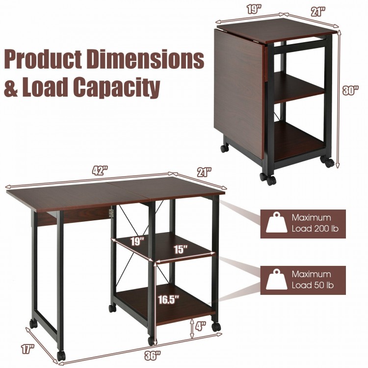 Rolling folding computer desk with storage shelves, MDF and steel frame, dimensions 42"x19"x30", ideal for home or.