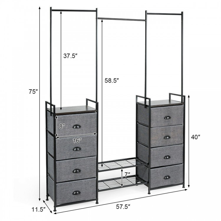 Portable multifunctional dresser with 8 fabric drawers and metal rack, featuring hanging rods and adjustable feet for.