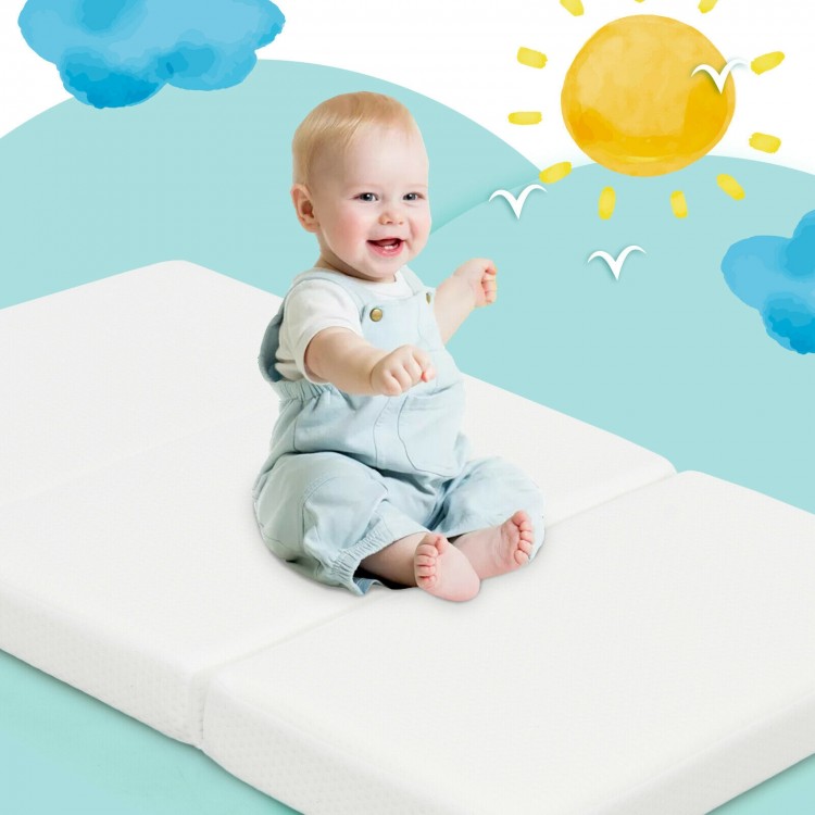 Tri-fold memory foam baby mattress with carrying bag, designed for comfort and convenience, perfect for playpens.