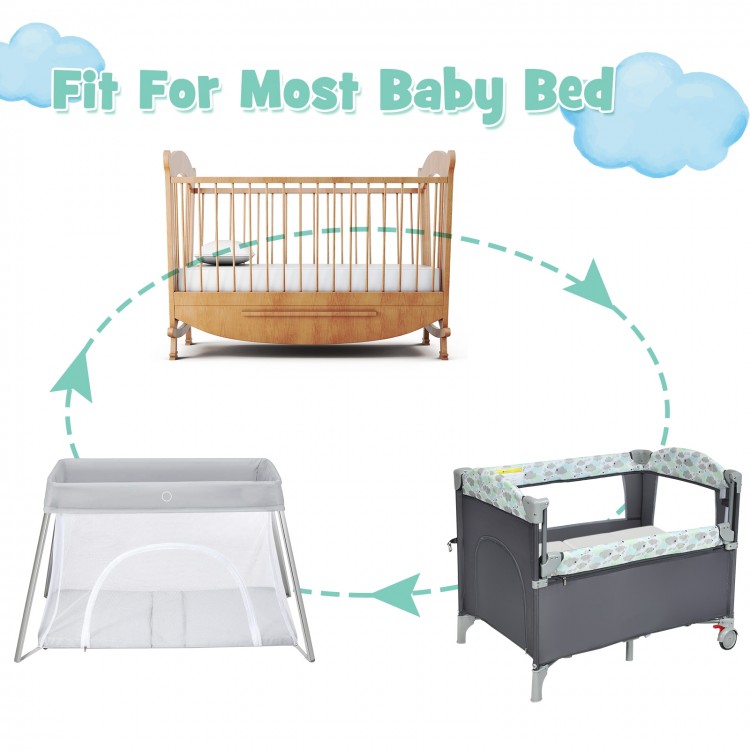 Tri-fold memory foam baby mattress with carrying bag, designed for comfort and fits most playpens and cribs.