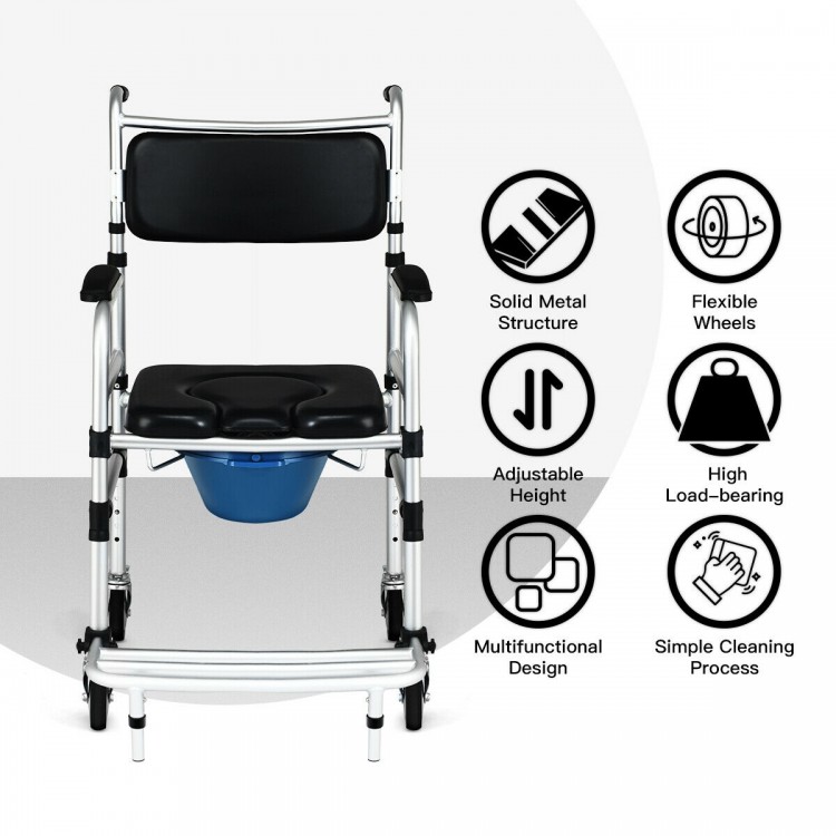 2-in-1 aluminum commode shower wheelchair with adjustable height, locking casters, and removable toilet for easy.