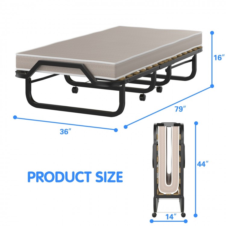 Folding rollaway bed with memory foam mattress, 79 x 36 inches, compact design with 360° wheels for easy mobility.