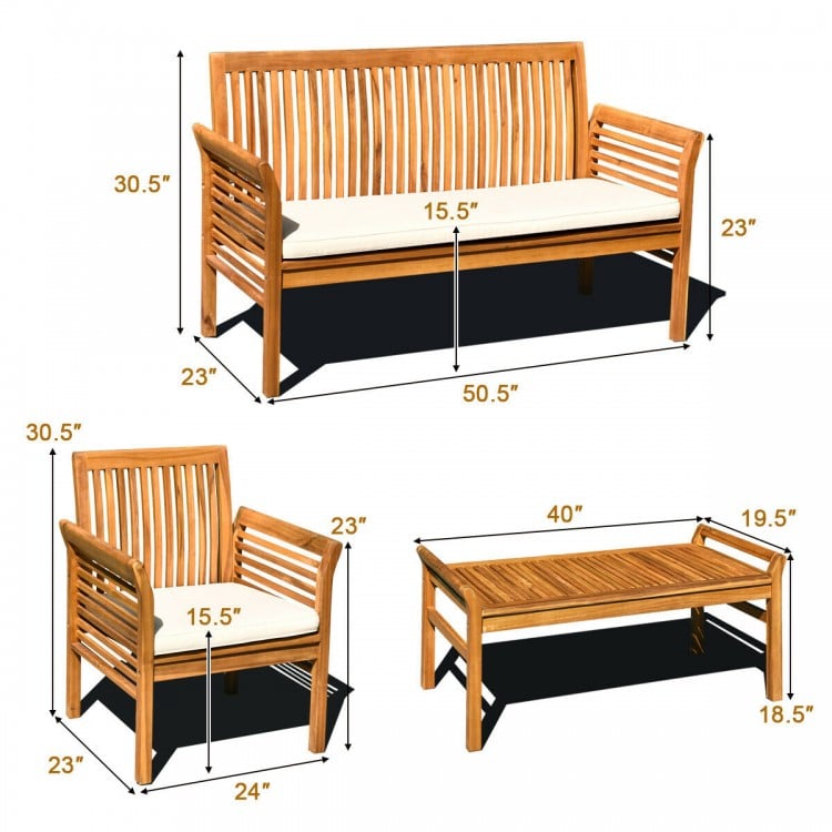 Acacia wood outdoor sofa set featuring a loveseat, single chair, and coffee table with soft cushions for patio comfort.